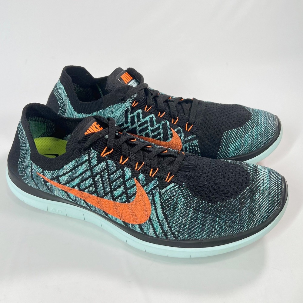 Nike Free 4.0 Flyknit Men 13 Black Hyper Jade Orange Running Shoes 717075-002